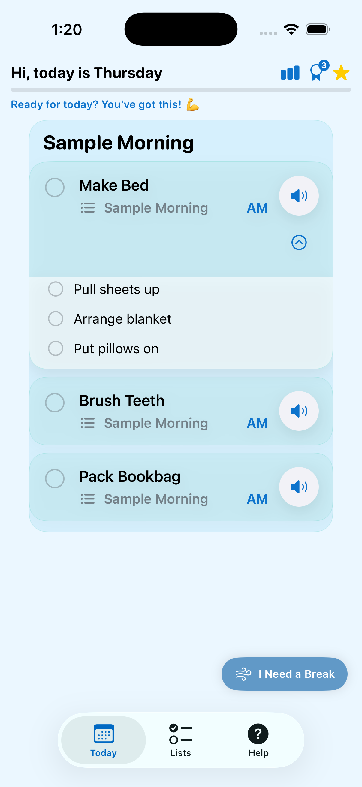 Today screen with focus-ready task cards